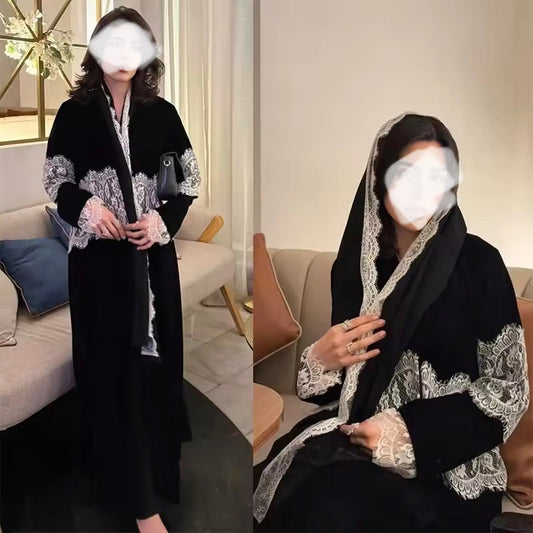 Lace Floral Slit Black Abaya - Long Sleeved Dubai Style Robe