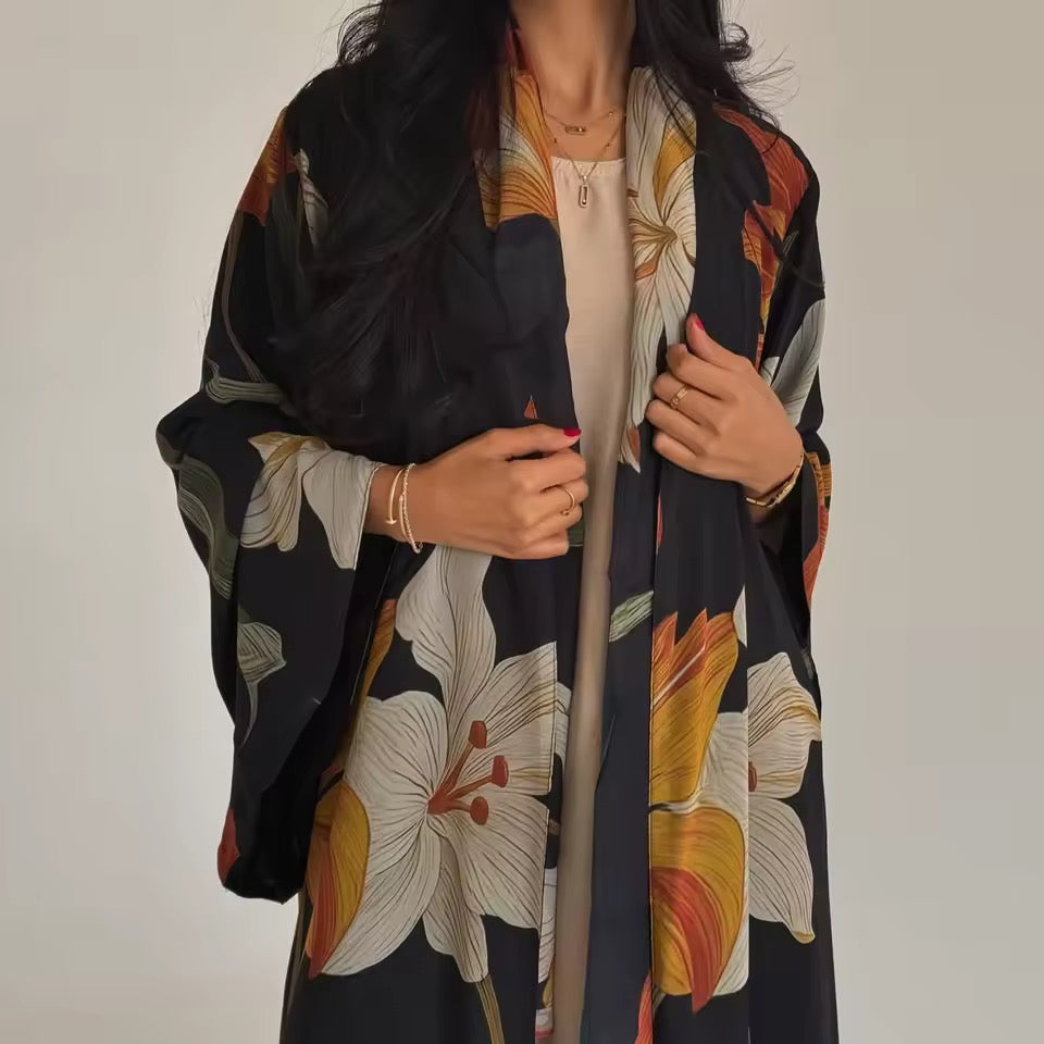 Floral Slit Black Abaya - Long Sleeved Dubai Style Robe