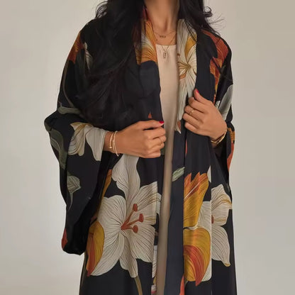 Floral Slit Black Abaya - Long Sleeved Dubai Style Robe