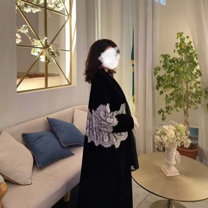 Lace Floral Slit Black Abaya - Long Sleeved Dubai Style Robe