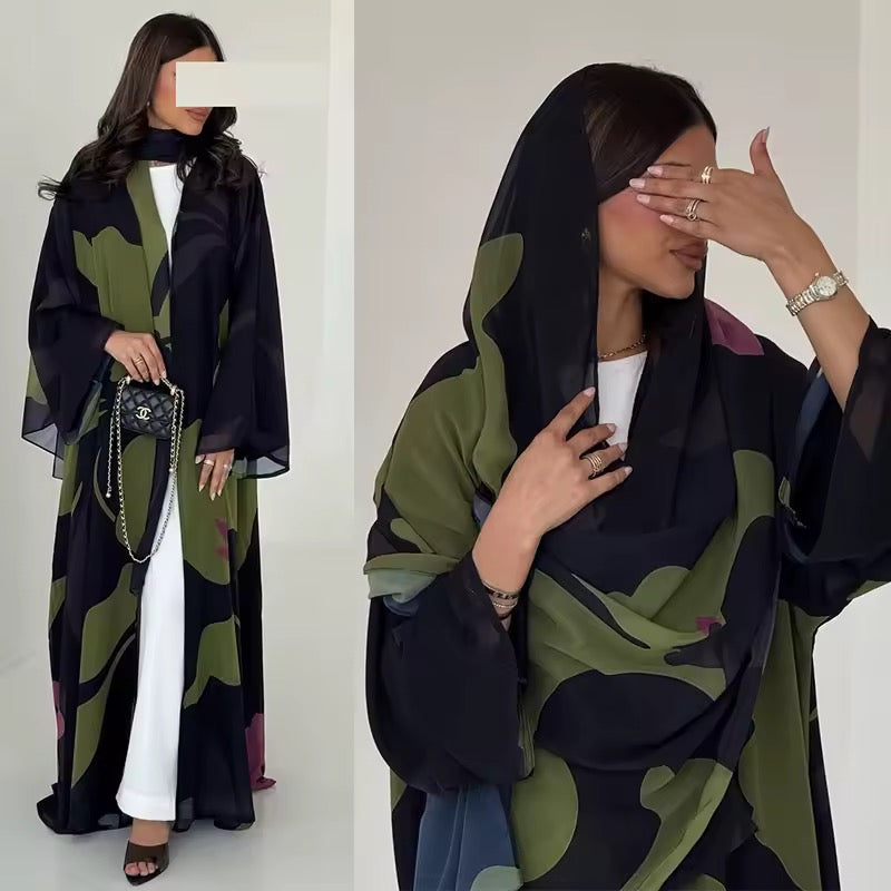 Floral Slit Black Abaya - Long Sleeved Dubai Style Robe
