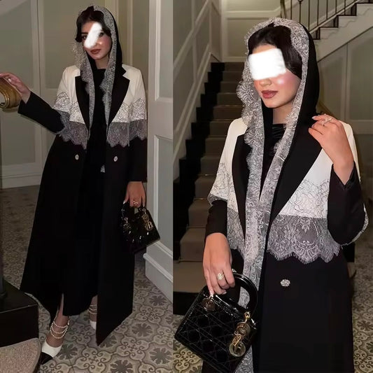 Lace Floral Slit Black Abaya - Long Sleeved Dubai Style Robe