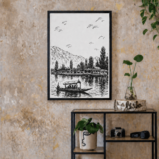 Hand Drawn Dal Lake, India - City Art on Cartridge Paper - No Frame (Size: A4 & A3)