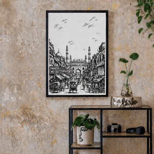 Hand Drawn Chandini Chowk, India - City Art on Cartridge Paper - No Frame (Size: A4 & A3)