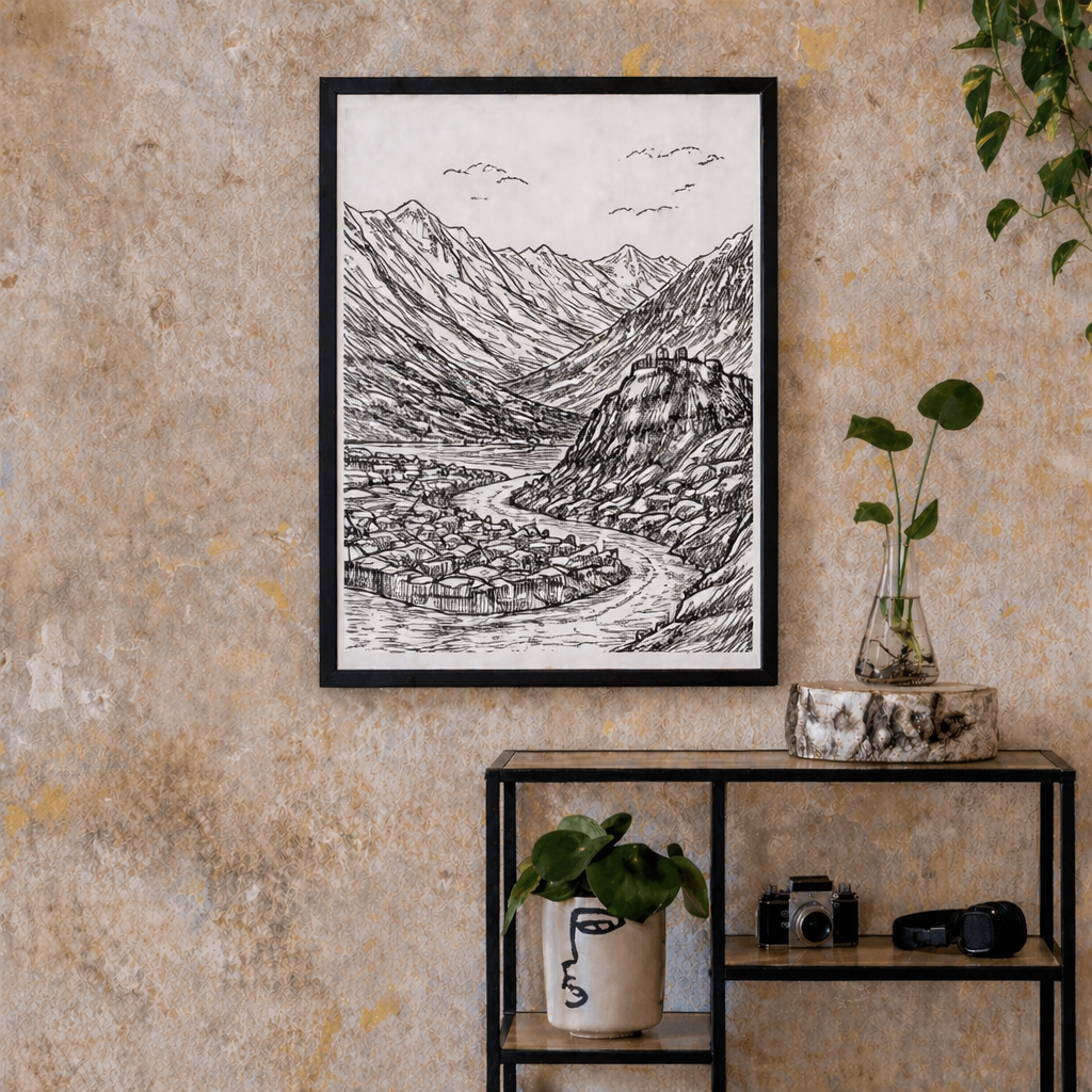 Hand Drawn Spiti Lake, India - City Art on Cartridge Paper - No Frame (Size: A4 & A3)