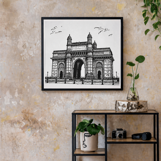 Hand Drawn Gateway of  India - City Art on Cartridge Paper - No Frame (Size: A4 & A3)