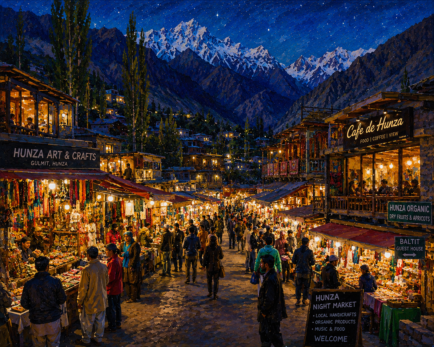 Limited Edition PRINT of my Original Acrylic Painting of Hunza Night Market, City of Pakistan - on Cartridge Paper - No Frame (Size: A4 & A3)