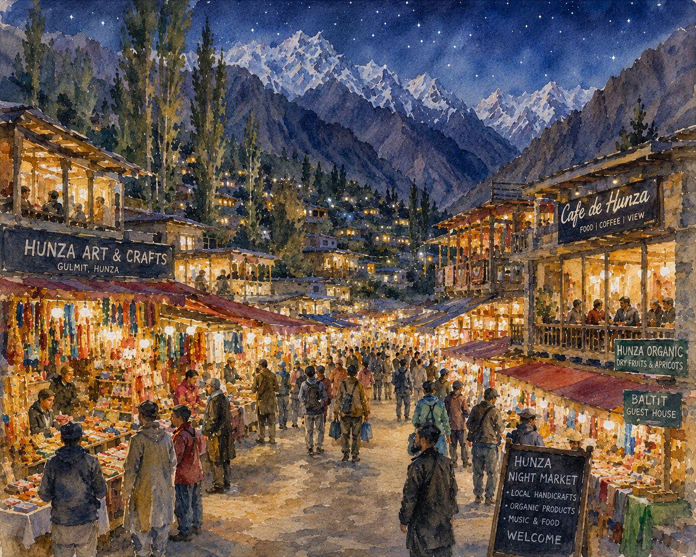 Limited Edition PRINT of my Original WaterColour Painting of Hunza Night Market, City of Pakistan - on Cartridge Paper - No Frame (Size: A4 & A3)