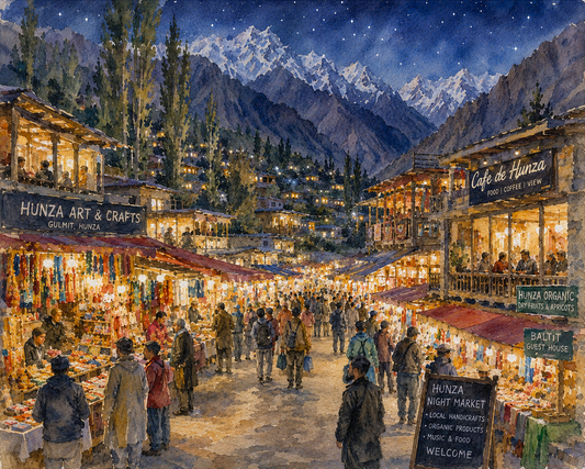 Limited Edition PRINT of my Original WaterColour Painting of Hunza Night Market, City of Pakistan - on Cartridge Paper - No Frame (Size: A4 & A3)