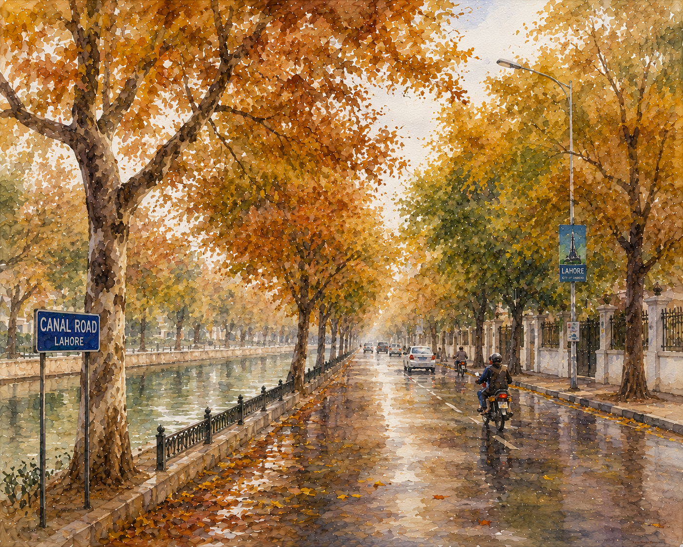 Limited Edition PRINT of my Original WaterColour Painting of Lahore Canal Road in Autumn, City of Pakistan - on Cartridge Paper - No Frame (Size: A4 & A3)