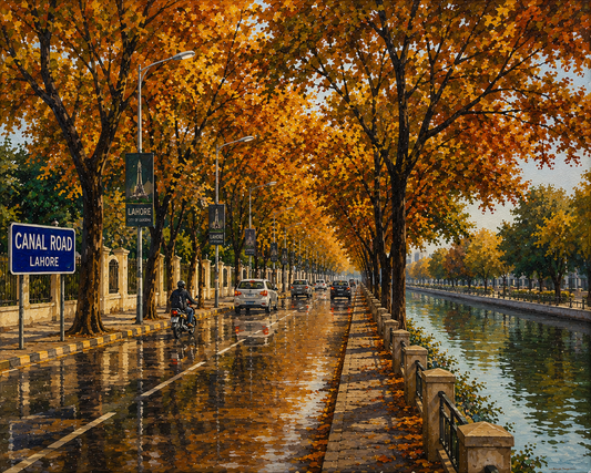 Limited Edition PRINT of my Original Acrylic Painting of Lahore Canal Road in Autumn, City of Pakistan - on Cartridge Paper - No Frame (Size: A4 & A3)