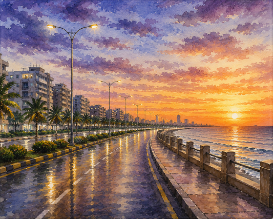 Limited Edition PRINT of my Original WaterColour Painting of Clifton Karachi Evening Boulevard, City of Pakistan - on Cartridge Paper - No Frame (Size: A4 & A3)