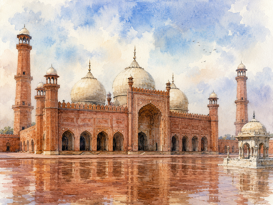 Limited Edition PRINT of my Original WaterColour Painting of Badshahi Mosque, City of Pakistan - on Cartridge Paper - No Frame (Size: A4 & A3)