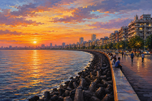 Limited Edition PRINT of my Original Acrylic Painting of Marine Drive, Mumbai, City of India - on Cartridge Paper - No Frame (Size: A4 & A3)