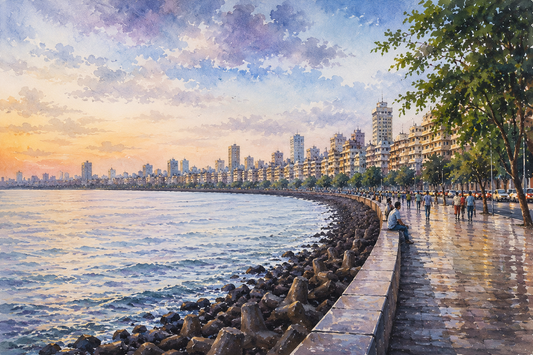 Limited Edition PRINT of my Original WaterColour Painting of Marine Drive, Mumbai, City of India - on Cartridge Paper - No Frame (Size: A4 & A3)