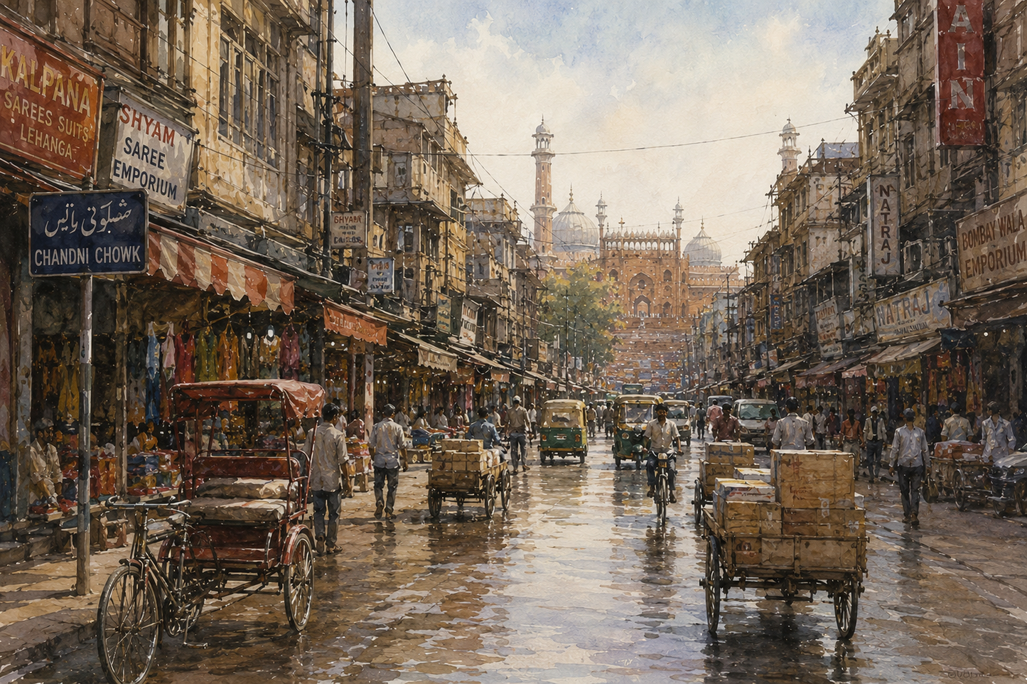 Limited Edition PRINT of my Original WaterColour Painting of Old Delhi Chandni Chowk, City of India - on Cartridge Paper - No Frame (Size: A4 & A3)