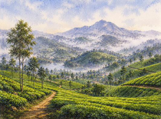 Limited Edition PRINT of my Original WaterColour Painting of Munnar Tea Gardens, Kerala, City of India - on Cartridge Paper - No Frame (Size: A4 & A3)