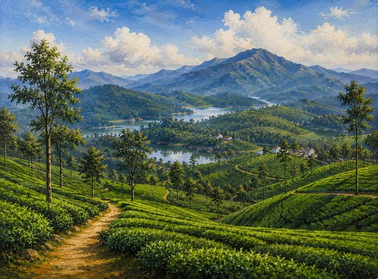 Limited Edition PRINT of my Original Acrylic Painting of Munnar Tea Gardens, Kerala, City of India - on Cartridge Paper - No Frame (Size: A4 & A3)