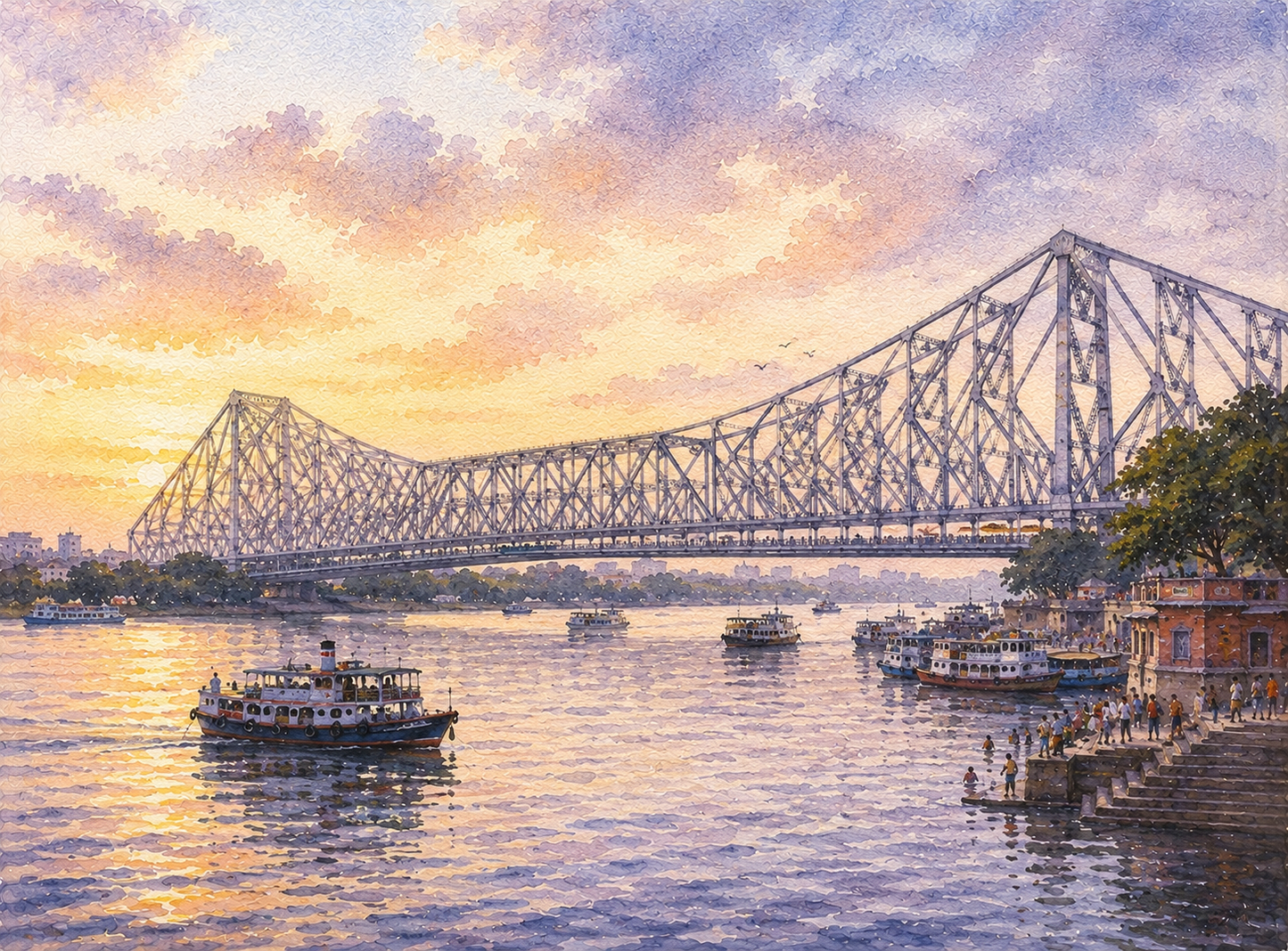 Limited Edition PRINT of my Original WaterColour Painting of Howrah Bridge, Kolkata, City of India - on Cartridge Paper - No Frame (Size: A4 & A3)