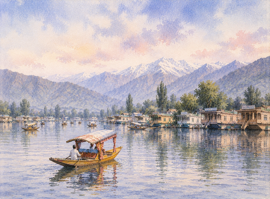 Limited Edition PRINT of my Original WaterColour Painting of Dal Lake, Kashmir, City of India - on Cartridge Paper - No Frame (Size: A4 & A3)