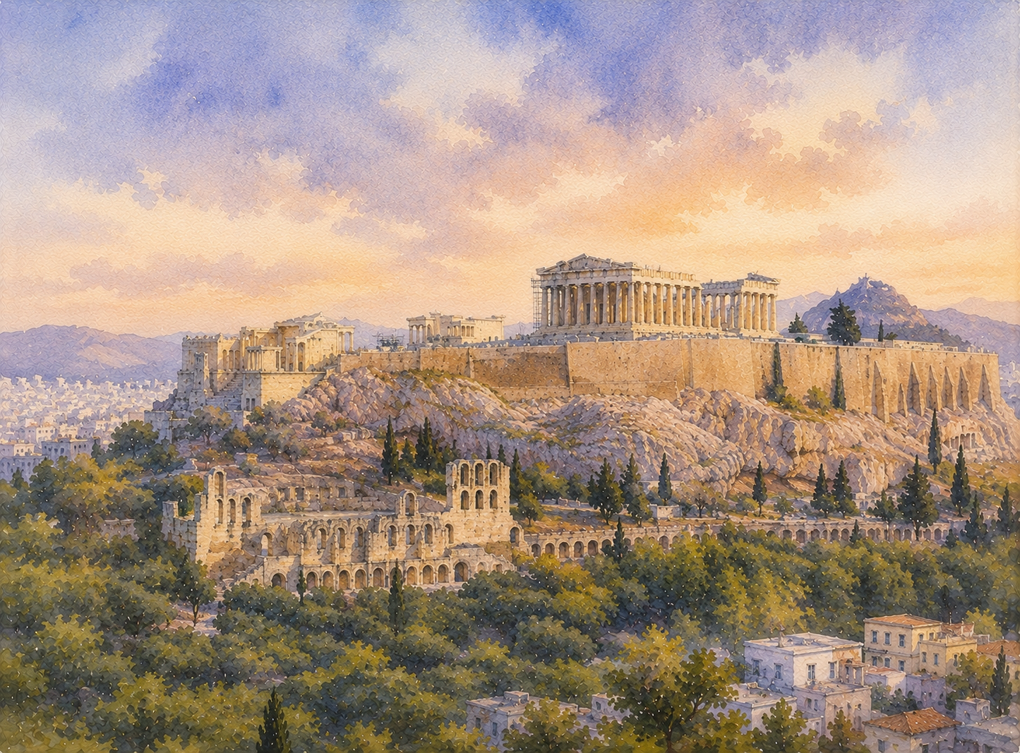 Limited Edition PRINT of my Original WaterColour Painting of Acropolis and Parthenon, Athens, City of Greece - on Cartridge Paper - No Frame (Size: A4 & A3)