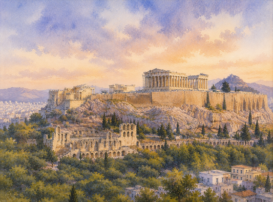 Limited Edition PRINT of my Original WaterColour Painting of Acropolis and Parthenon, Athens, City of Greece - on Cartridge Paper - No Frame (Size: A4 & A3)