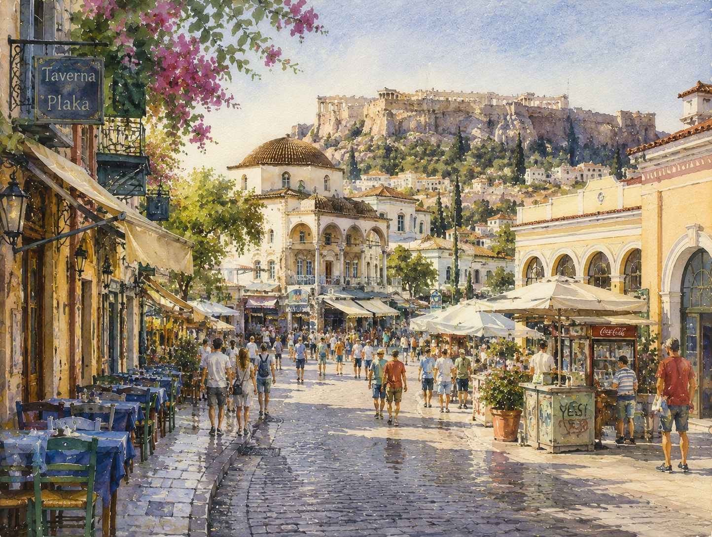 Limited Edition PRINT of my Original WaterColour Painting of Wander Plaka and Monastiraki, Athens, City of Greece - on Cartridge Paper - No Frame (Size: A4 & A3)