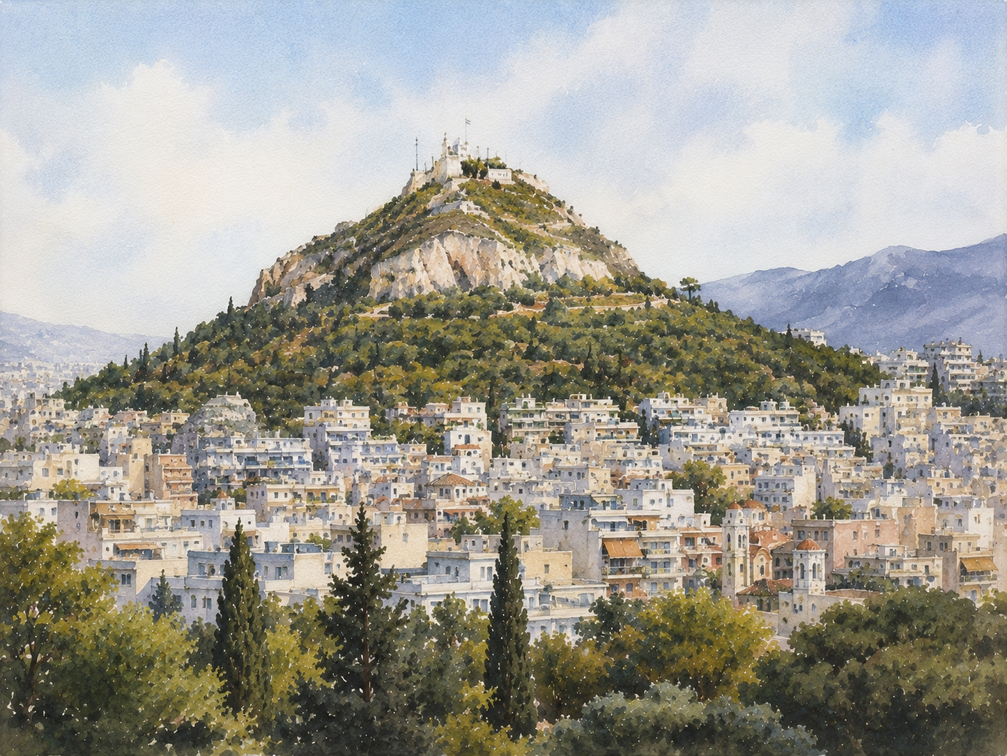 Limited Edition PRINT of my Original WaterColour Painting of Lycabettus Hill, Athens, City of Greece - on Cartridge Paper - No Frame (Size: A4 & A3)