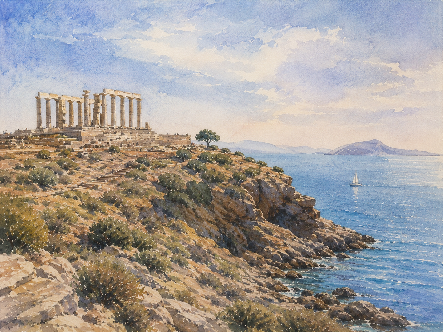 Limited Edition PRINT of my Original WaterColour Painting of Cape Sounion, Athens, City of Greece - on Cartridge Paper - No Frame (Size: A4 & A3)