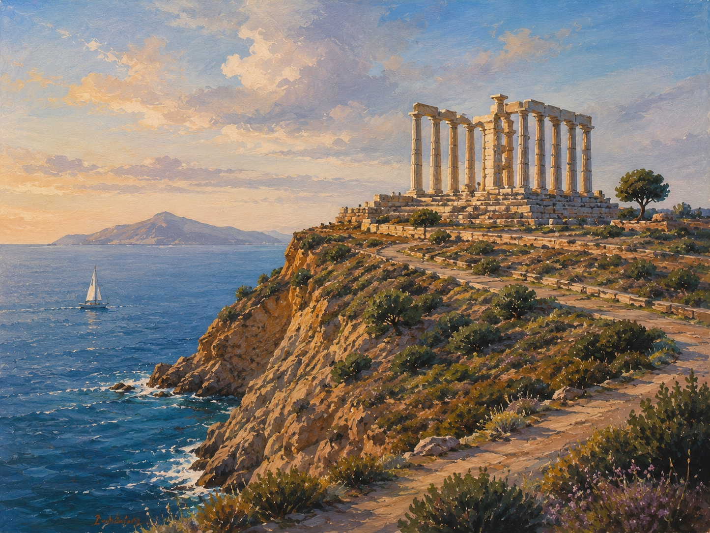 Limited Edition PRINT of my Original Acrylic Painting of Cape Sounion, Athens, City of Greece - on Cartridge Paper - No Frame (Size: A4 & A3)