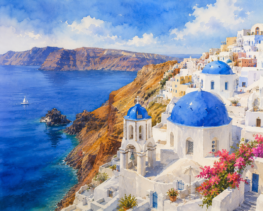 Limited Edition PRINT of my Original WaterColour Painting of White villages on volcanic cliffs, Santorini, City of Greece - on Cartridge Paper - No Frame (Size: A4 & A3)