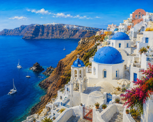 Limited Edition PRINT of my Original Acrylic Painting of White villages on volcanic cliffs, Santorini, City of Greece - on Cartridge Paper - No Frame (Size: A4 & A3)