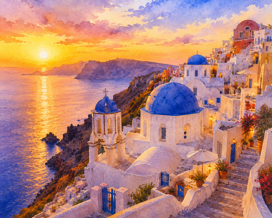 Limited Edition PRINT of my Original WaterColour Painting of Sunset in Oia, Santorini, City of Greece - on Cartridge Paper - No Frame (Size: A4 & A3)