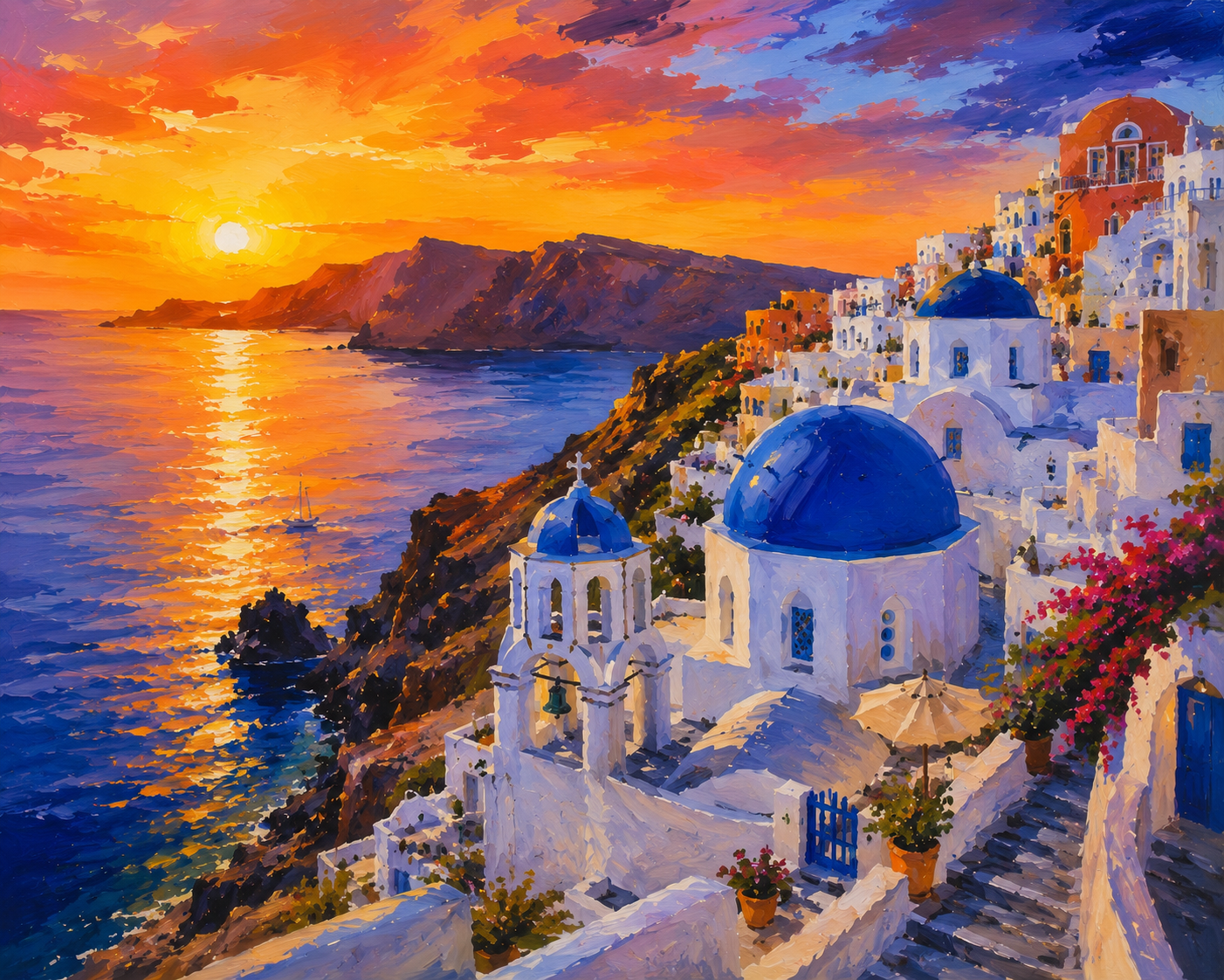 Limited Edition PRINT of my Original Acrylic Painting of Sunset in Oia, Santorini, City of Greece - on Cartridge Paper - No Frame (Size: A4 & A3)