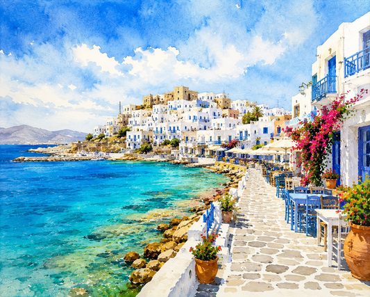Limited Edition PRINT of my Original WaterColour Painting of Naxos Island, City of Greece - on Cartridge Paper - No Frame (Size: A4 & A3)
