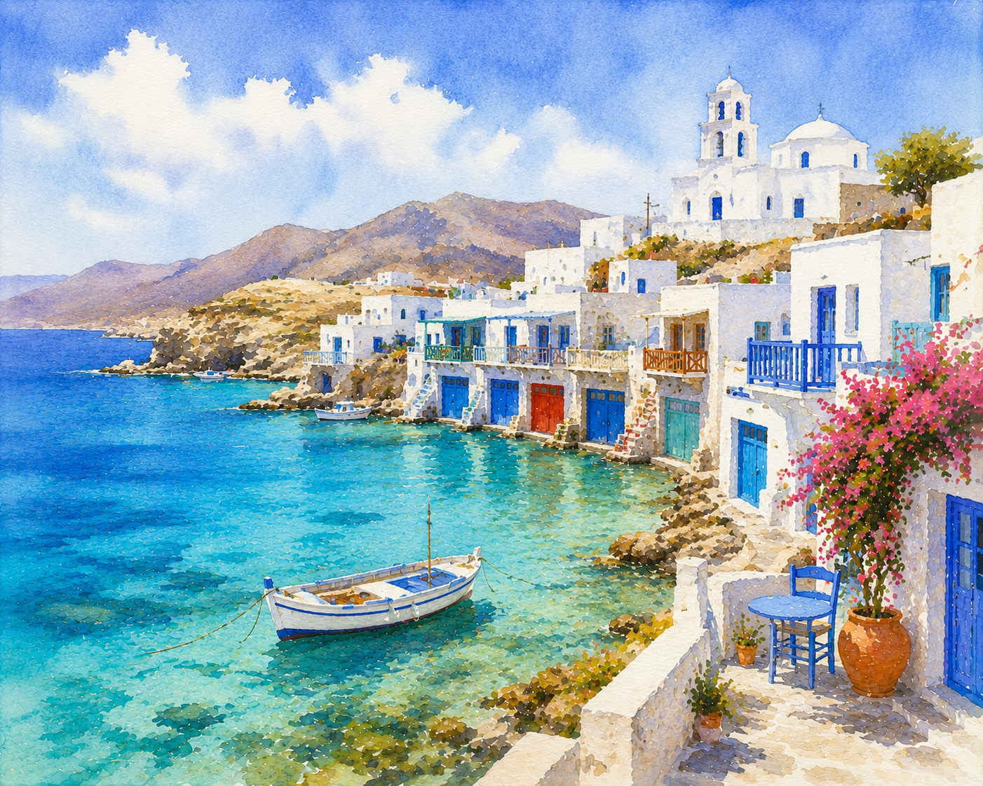 Limited Edition PRINT of my Original WaterColour Painting of Milos Island, City of Greece - on Cartridge Paper - No Frame (Size: A4 & A3)
