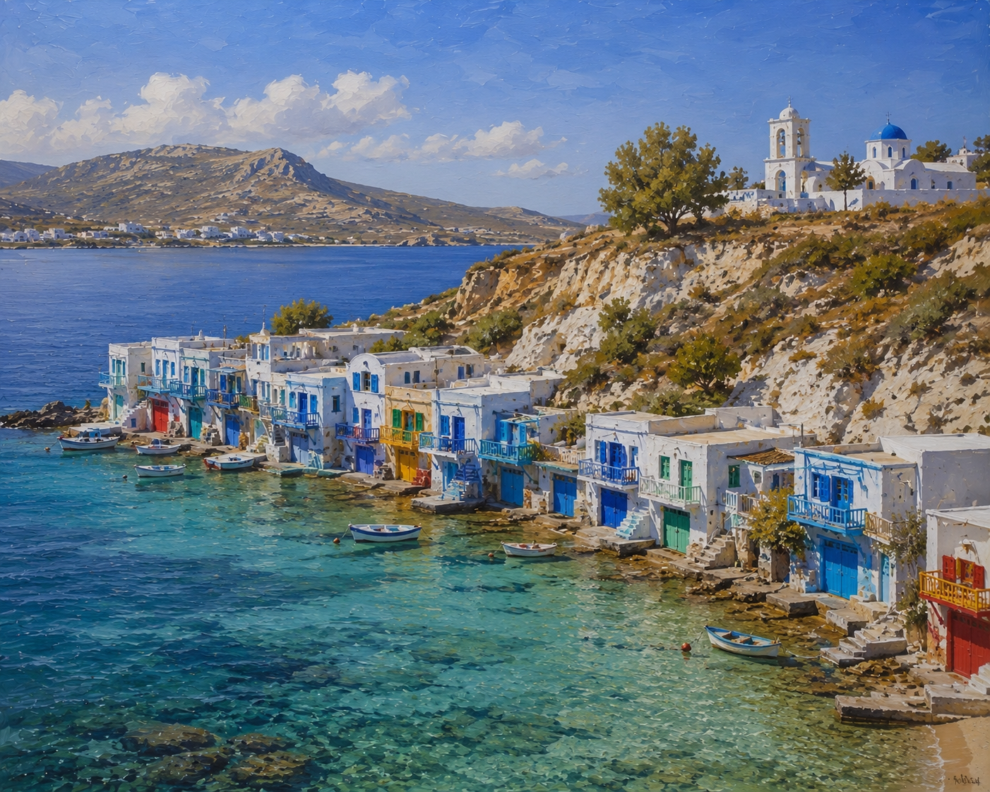 Limited Edition PRINT of my Original Acrylic Painting of Milos Island City of Greece - on Cartridge Paper - No Frame (Size: A4 & A3)