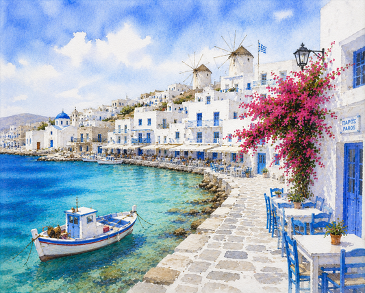 Limited Edition PRINT of my Original WaterColour Painting of Paros Island, City of Greece - on Cartridge Paper - No Frame (Size: A4 & A3)