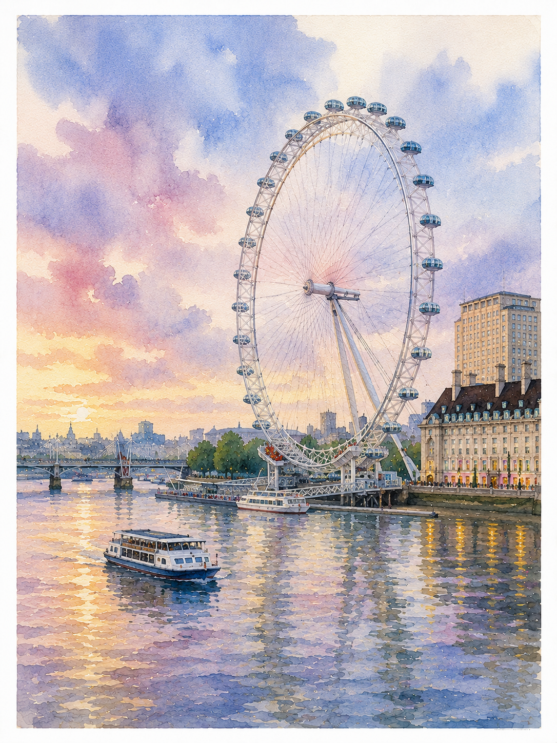 Limited Edition PRINT of my Original WaterColour Painting of London Eye, London, City of United Kingdom - on Cartridge Paper - No Frame (Size: A4 & A3)