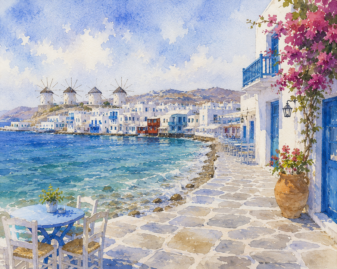 Limited Edition PRINT of my Original WaterColour Painting of Mykonos, City of Greece - on Cartridge Paper - No Frame (Size: A4 & A3)