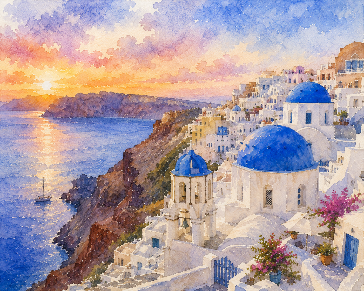 Limited Edition PRINT of my Original WaterColour Painting of Santorini, City of Greece - on Cartridge Paper - No Frame (Size: A4 & A3)