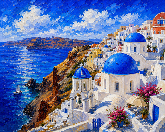 Limited Edition PRINT of my Original Acrylic Painting of Santorini, City of Greece - on Cartridge Paper - No Frame (Size: A4 & A3)