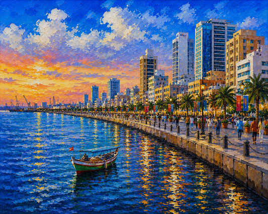 Limited Edition PRINT of my Original Acrylic Painting of Karachi Waterfront, City of Pakistan - on Cartridge Paper - No Frame (Size: A4 & A3)