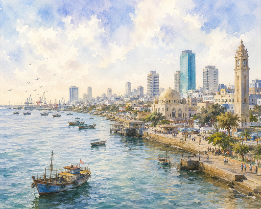 Limited Edition PRINT of my Original WaterColour Painting of Karachi Waterfront, City of Pakistan - on Cartridge Paper - No Frame (Size: A4 & A3)