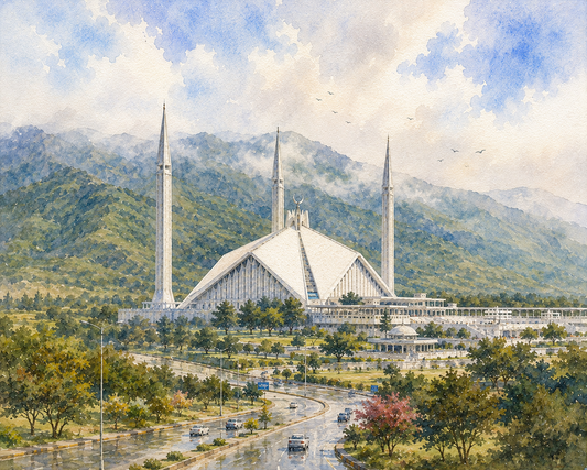 Limited Edition PRINT of my Original WaterColour Painting of Islamabad Faisal Mosque, City of Pakistan - on Cartridge Paper - No Frame (Size: A4 & A3)