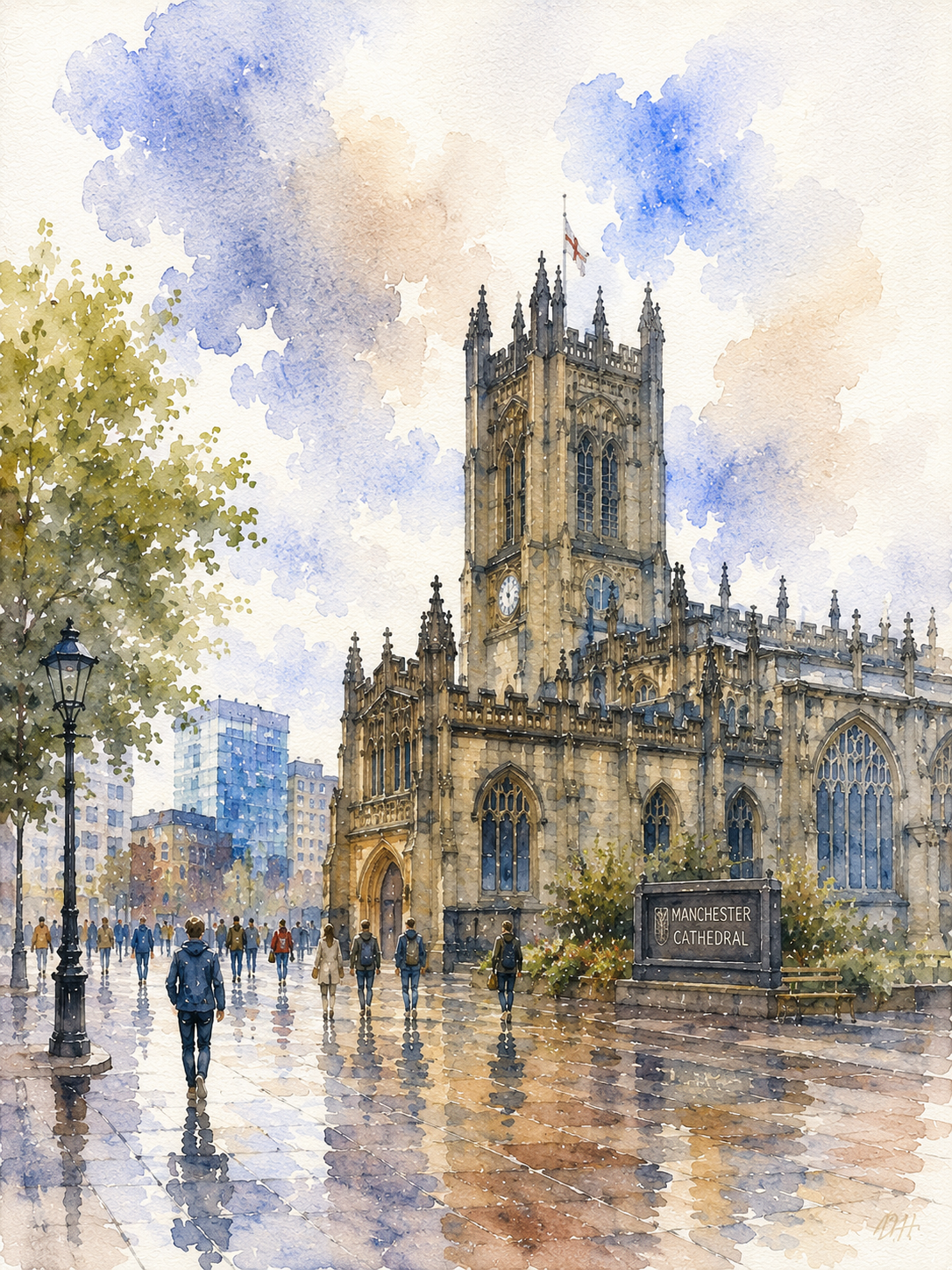 Limited Edition PRINT of my Original WaterColour Painting of Manchester Cathedral, Manchester, City of United Kingdom - on Cartridge Paper - No Frame (Size: A4 & A3)