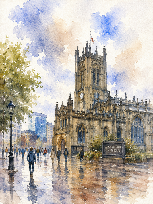 Limited Edition PRINT of my Original WaterColour Painting of Manchester Cathedral, Manchester, City of United Kingdom - on Cartridge Paper - No Frame (Size: A4 & A3)