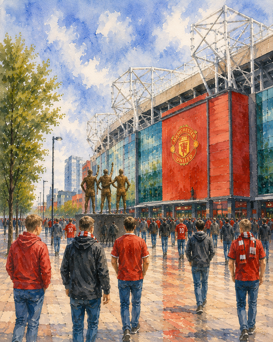 Limited Edition PRINT of my Original WaterColour Painting of Manchester United matchday experience, Manchester, City of United Kingdom - on Cartridge Paper - No Frame (Size: A4 & A3)