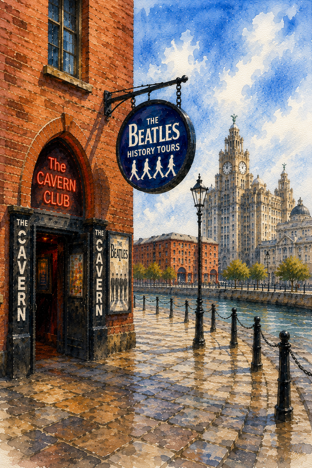 Limited Edition PRINT of my Original WaterColour Painting of The Beatles history tours, Liverpool, City of United Kingdom - on Cartridge Paper - No Frame (Size: A4 & A3)