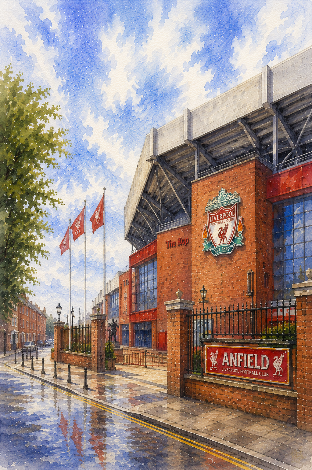 Limited Edition PRINT of my Original WaterColour Painting of Anfield, Liverpool, City of United Kingdom - on Cartridge Paper - No Frame (Size: A4 & A3)